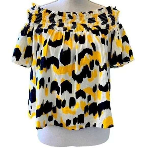 NEW Who What Wear Linen Graphic Smocked Off The Shoulder Short Sleeve Blouse XS - Picture 1 of 4